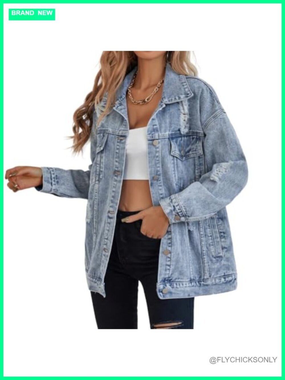 Oversize Distressed Denim Trucker Jacket Loose Fit Long Sleeve Button Front